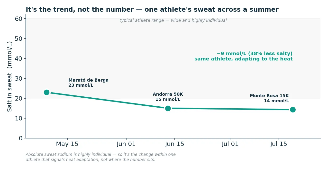 My race-day sweat sodium trending downward across the summer